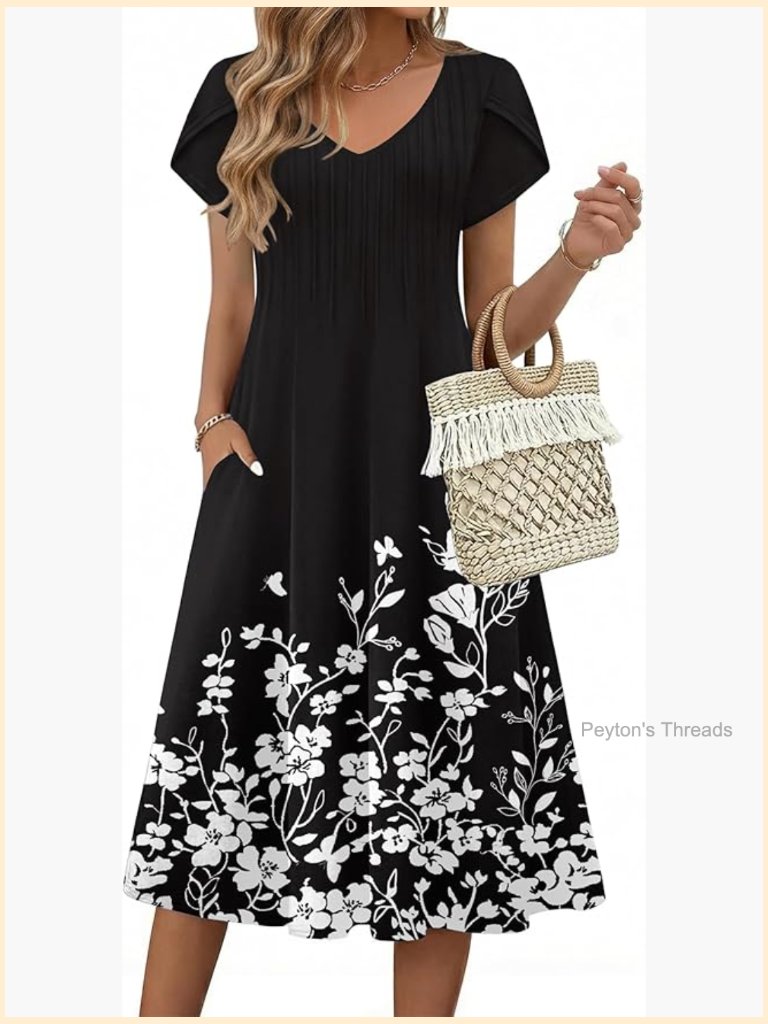 Short Sleeve Pleated Midi A-Line Flowy Sundress With Pockets
